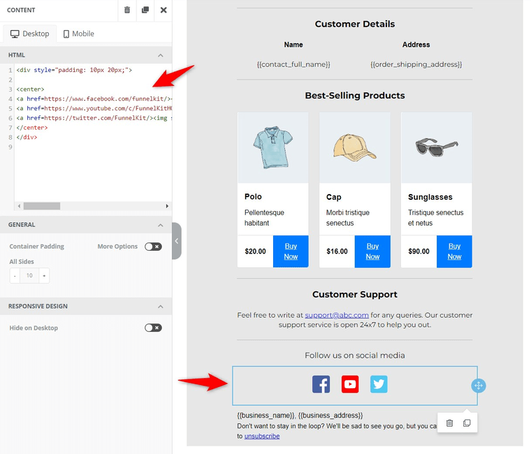 WooCommerce Email Customizer - Add the social media icons with custom HTML blocks