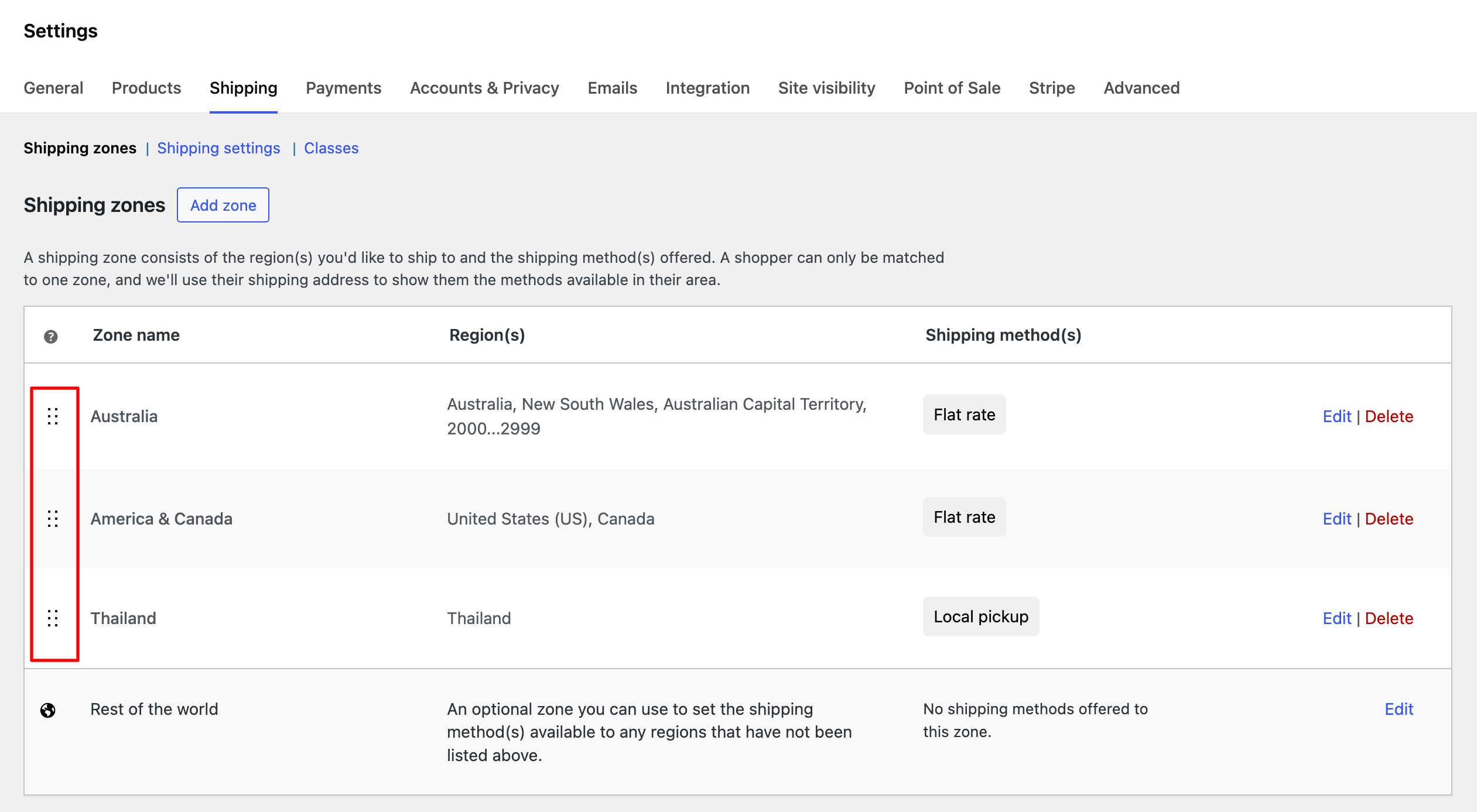 sort the existing shipping zones