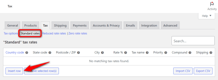 Insert row to add woocommerce standard tax rates