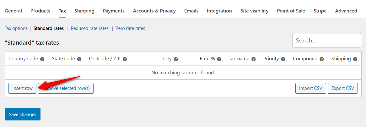Insert row to add woocommerce standard tax rates