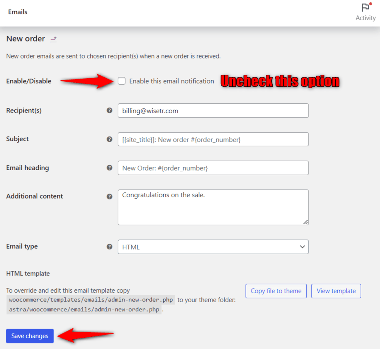 Uncheck the option - Enable this email notification and your default email will get disabled for that order status.