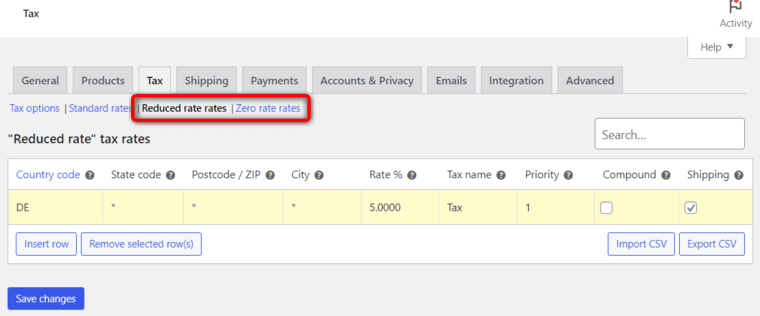 Specify the tax rates of your additional tax classes - enter country code, rate %, tax name, priority, compound and shipping