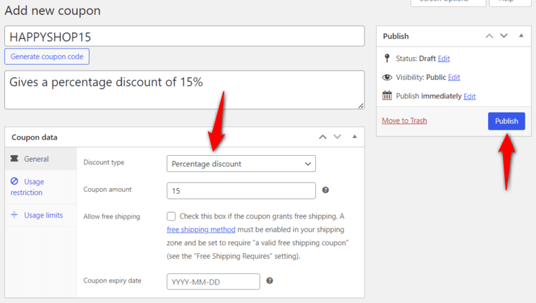 Coupon code of 15% discount created in WooCommerce - set up discount rules for woocommerce