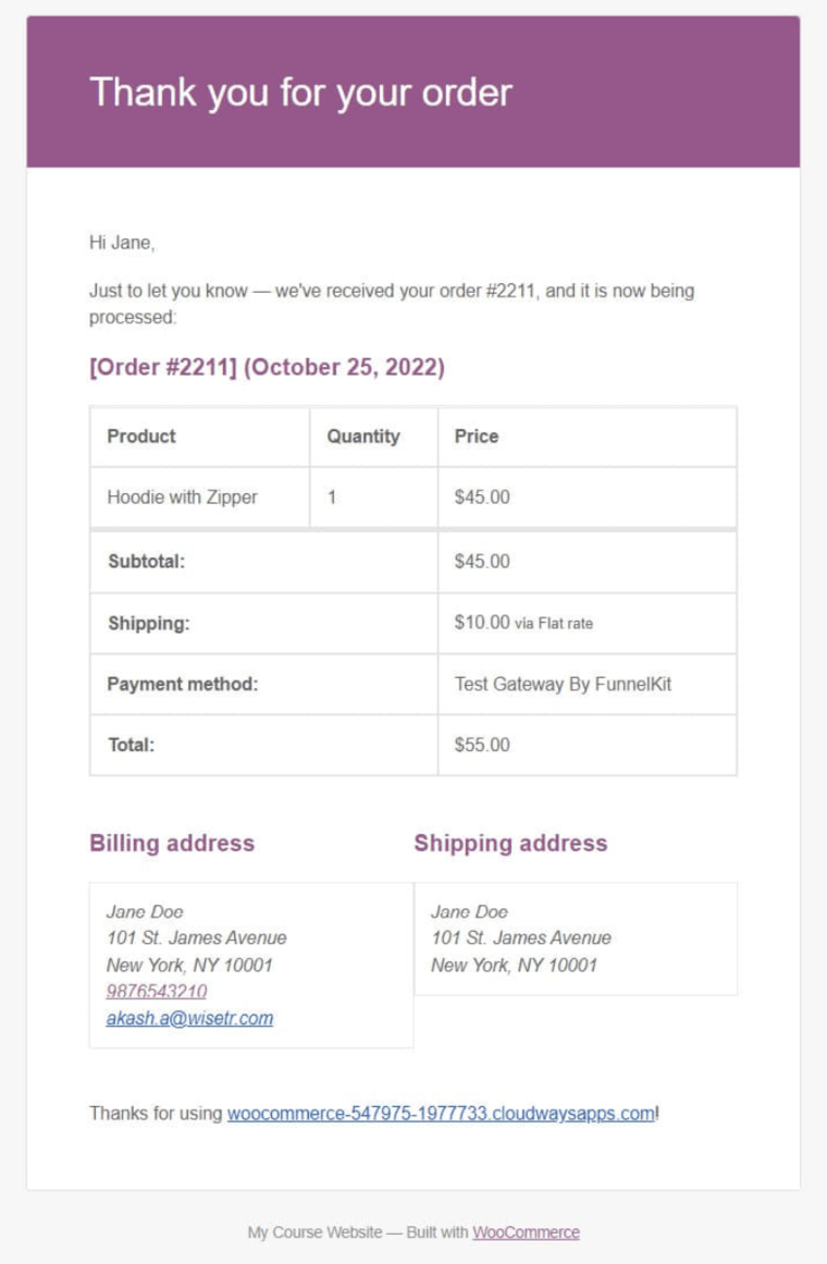 Default WooCommerce email for new order purchase