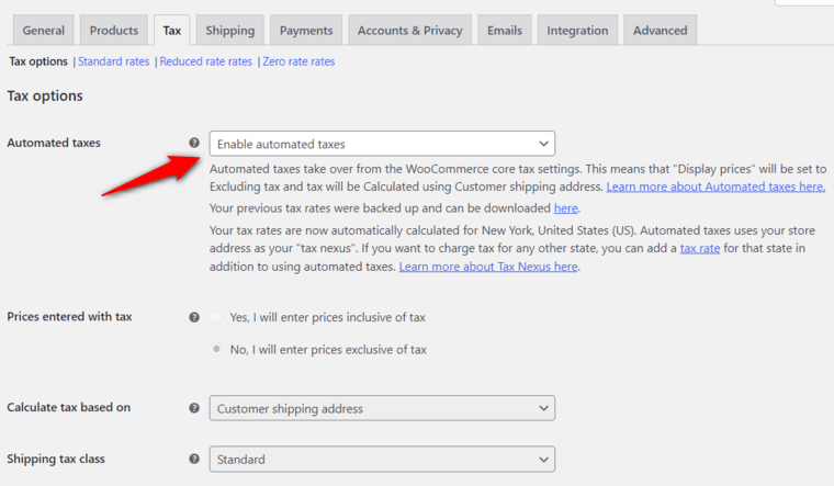 Install the WooCommerce shipping & tax plugin and enable the automated taxes settings in woocommerce