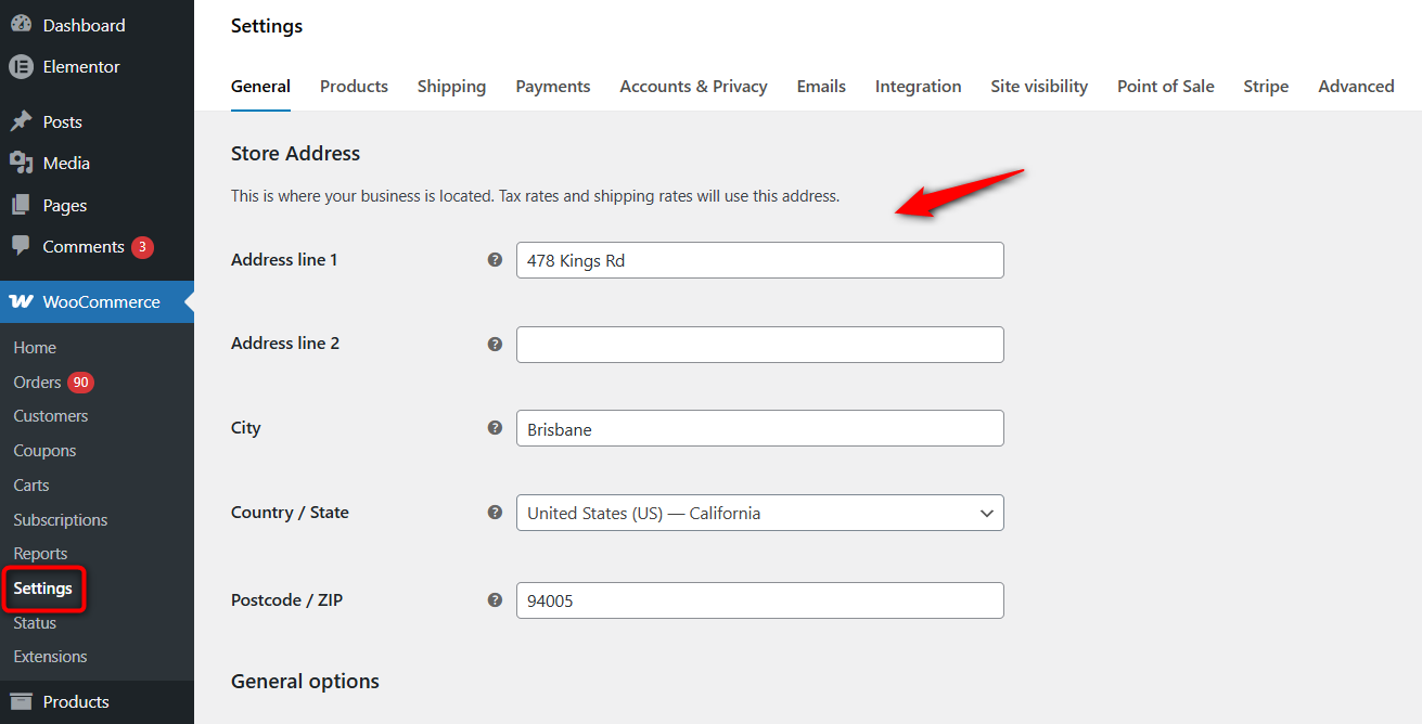 Navigate to WooCommerce general settings and set your store address