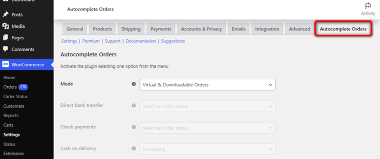 Go to woocommerce settings - autocomplete orders section after installing the autocomplete woocommerce orders plugin