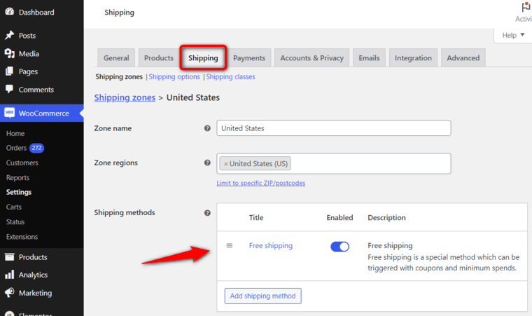 Set up the shipping zones and free shipping method in that zone