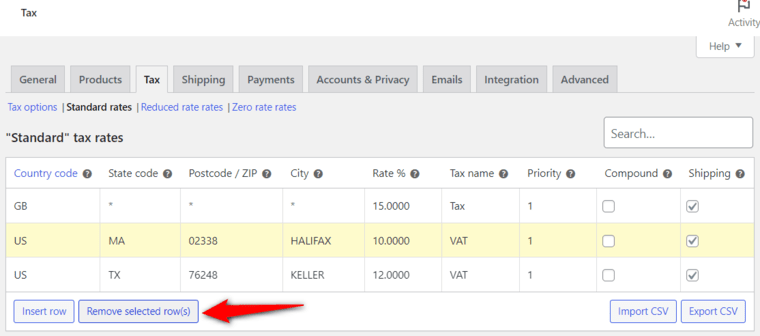 Remove the selected woocommerce tax rate one by one