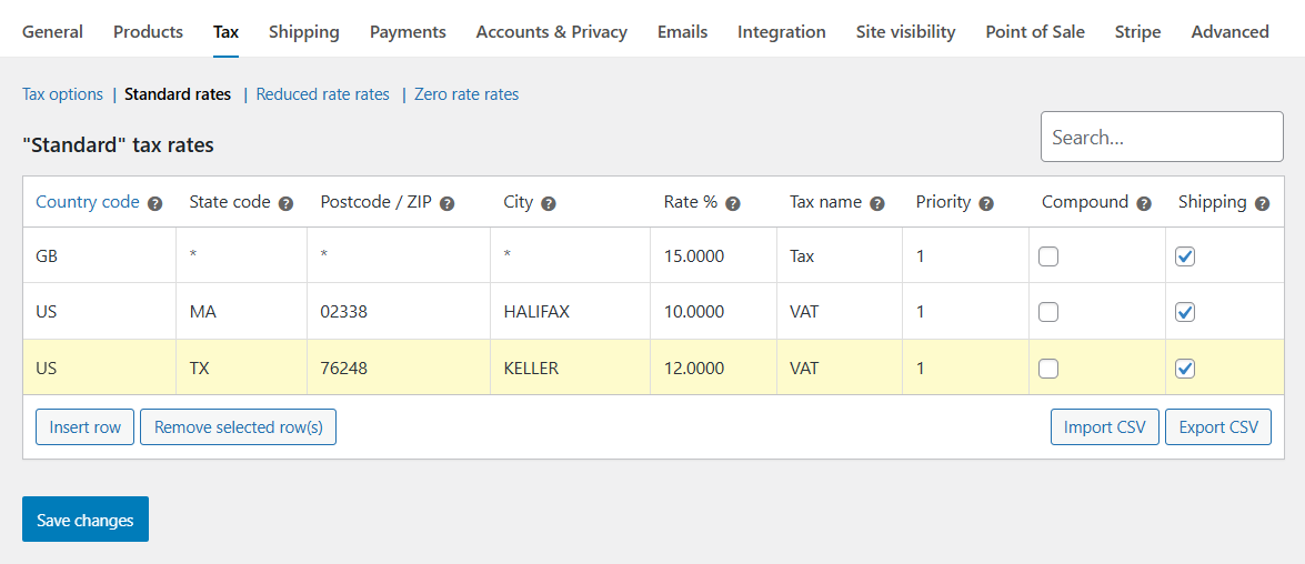 Standard tax rates entered with country code, state code, postcode/zip, city, rate %, tax name, priority, compound and shipping options