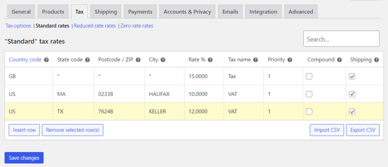 Standard tax rates entered with country code, state code, postcode/zip, city, rate %, tax name, priority, compound and shipping options