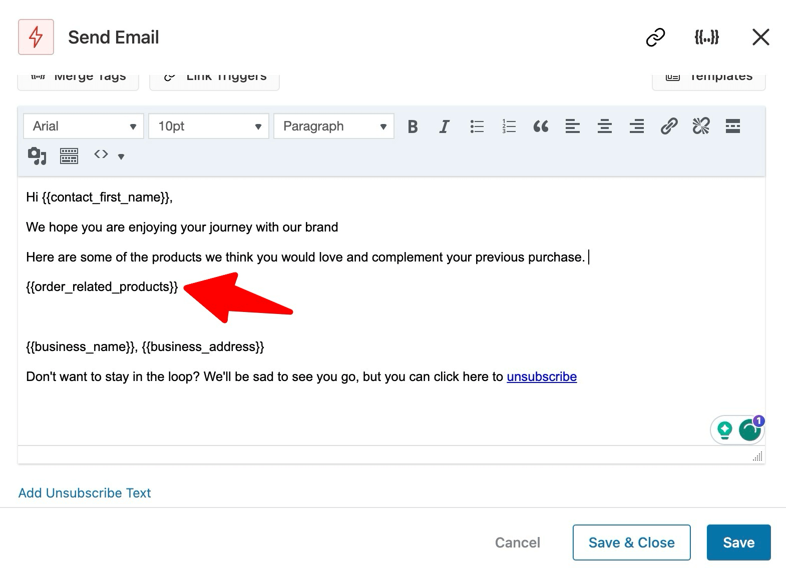 add order related products merge tag in email body