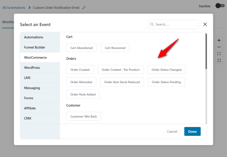 Set up the event trigger in FunnelKit Automations