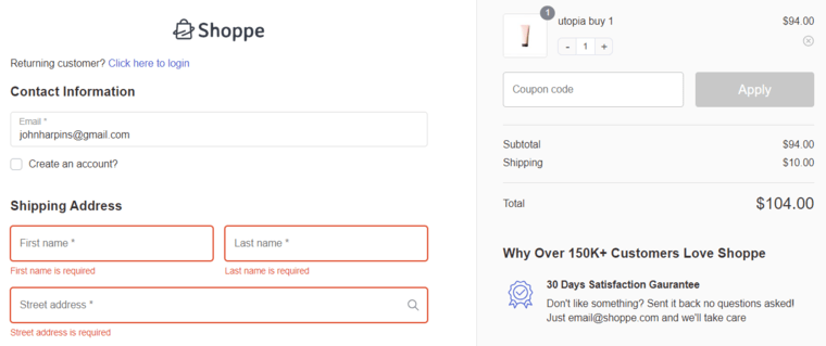 Inline validation for all the checkout form fields