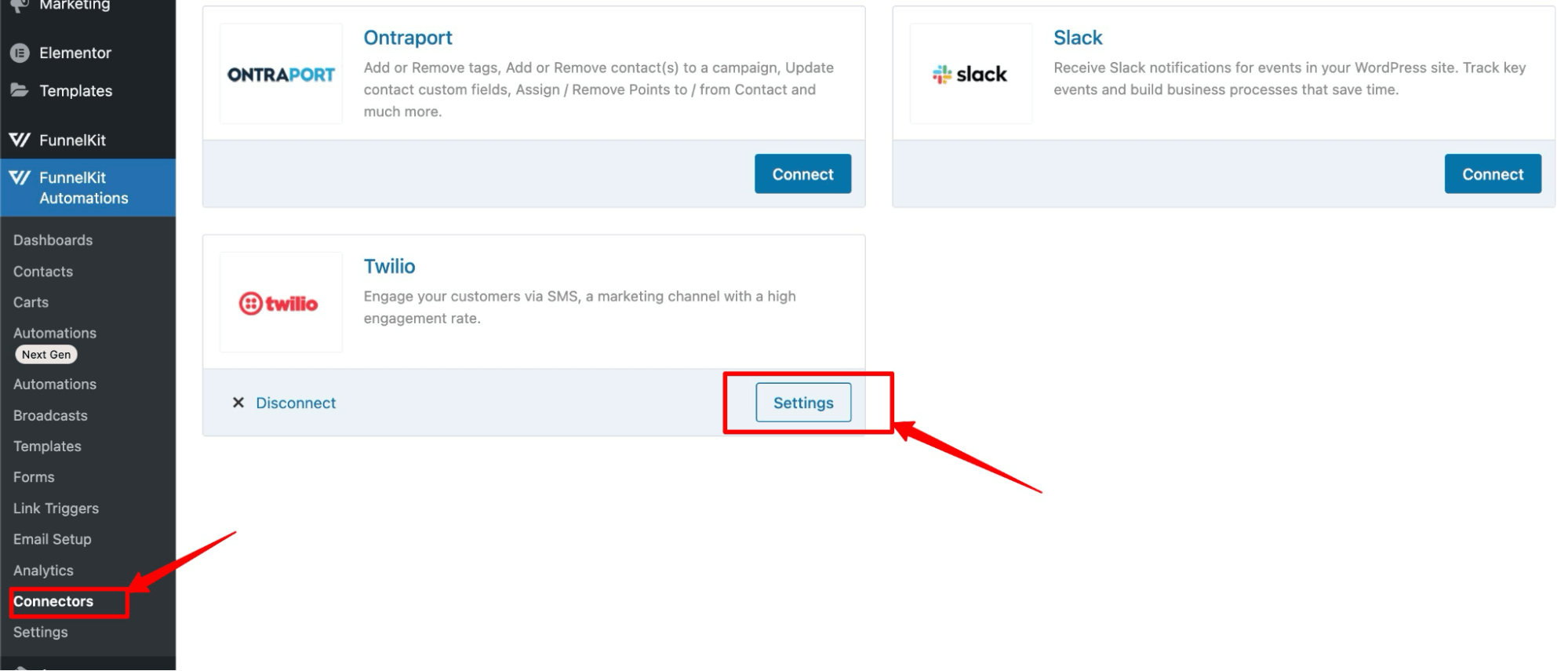 click on connector twilio settings