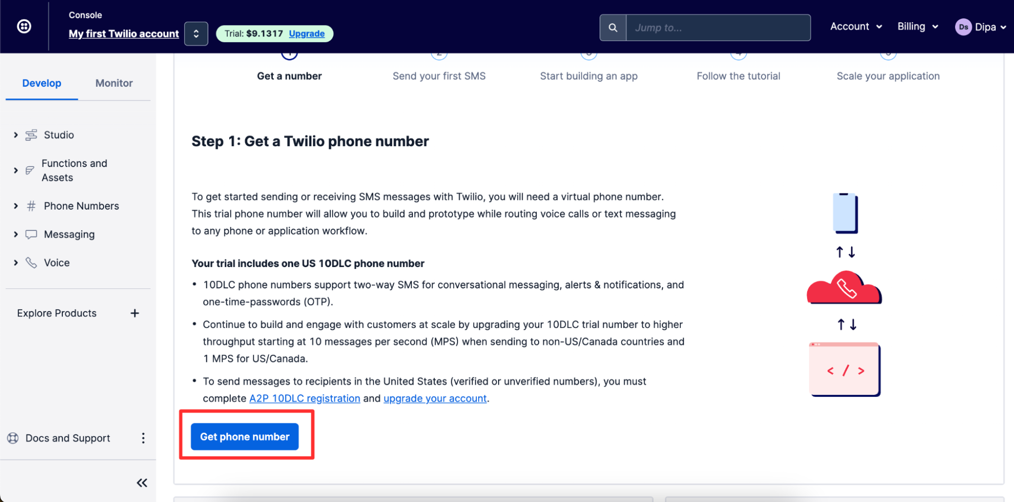 click on get phone number twilio