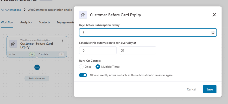 Customer card before expiry event to send notifications about updating the new payment in the account