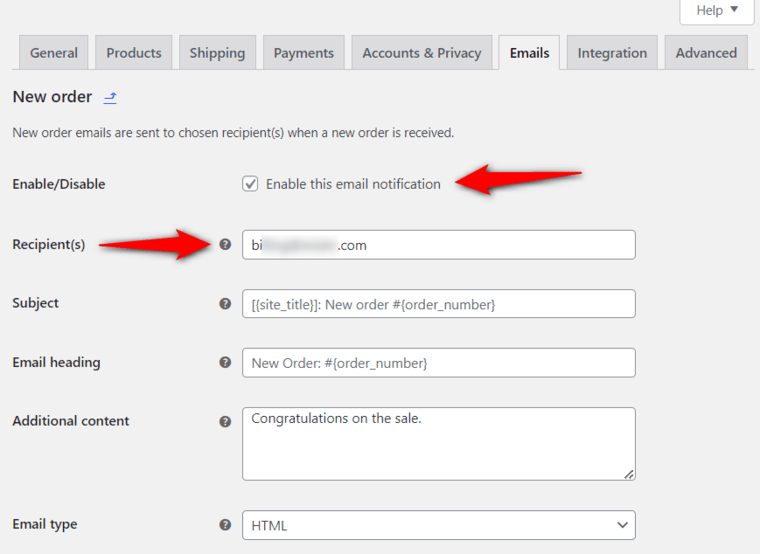 Check two settings when woocommerce not sending emails - enable the specific email notification and enter recipient email address