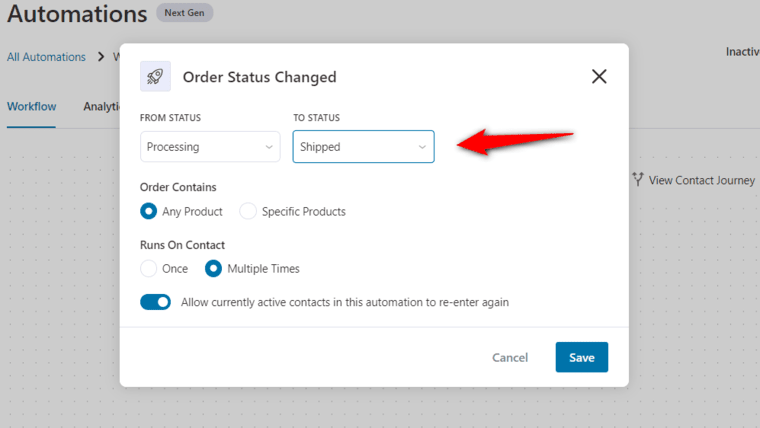 Configure order status changed event - define the from status and to status there