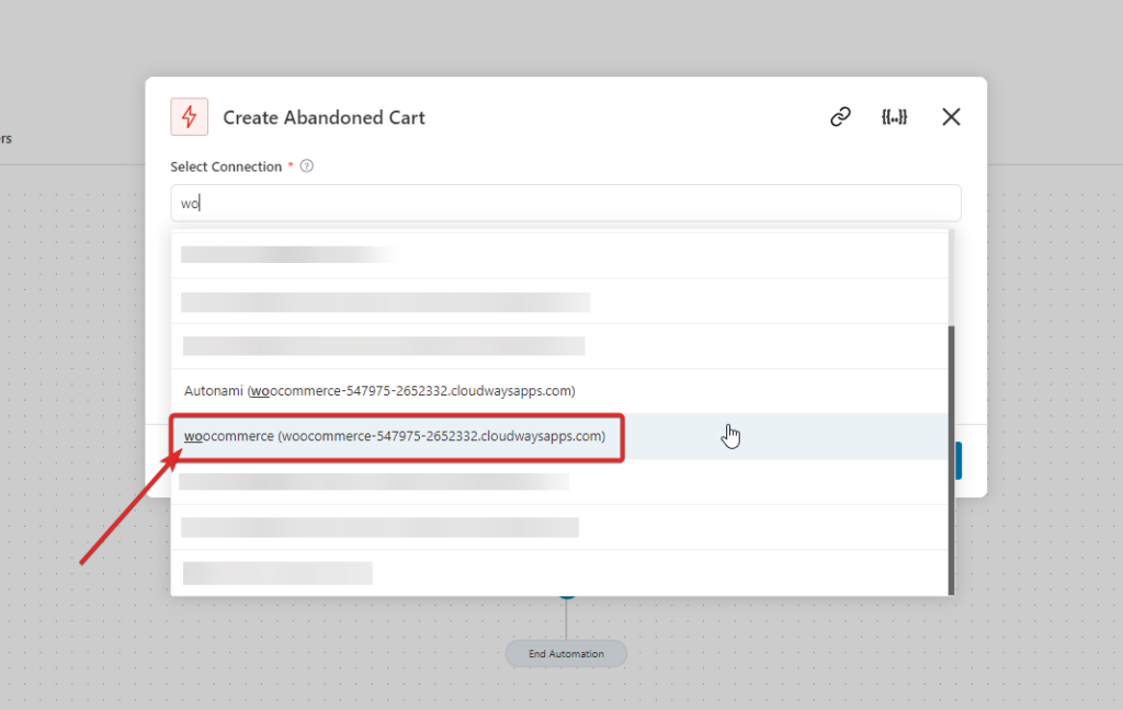 Configure the action by specifying the recent WooCommerce connection to your ActiveCampaign account