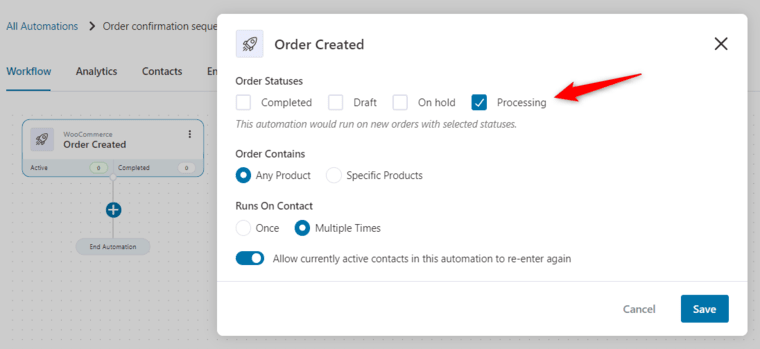 Configure your event trigger by defining its order status, order contains, and automations runs on a contact.
