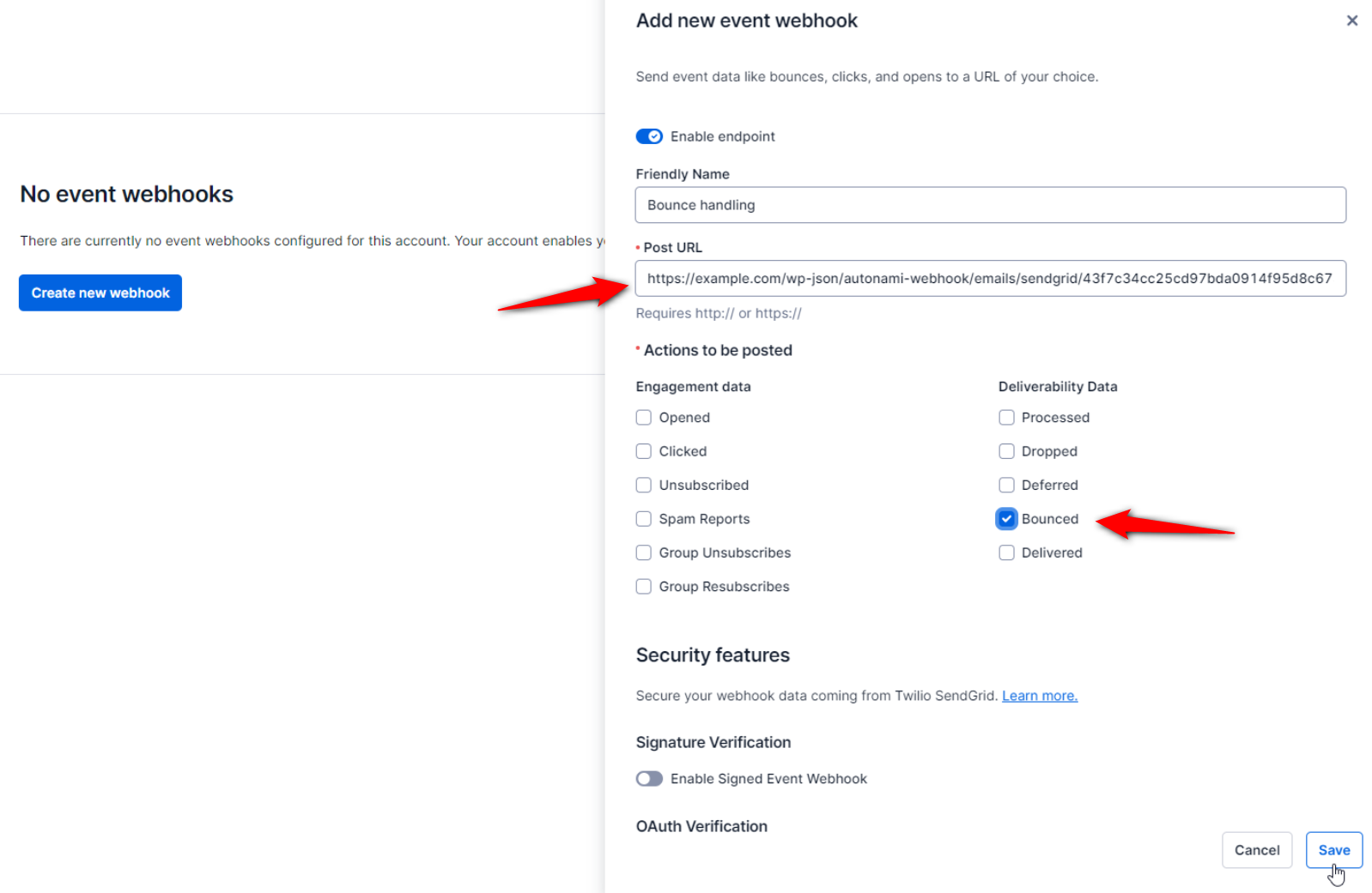 Copy the webhook URL and select Bounced - click Save