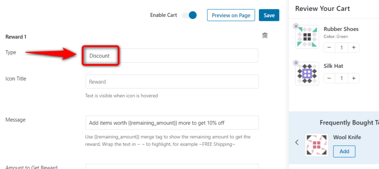 Set up the woocommerce cart discount reward 