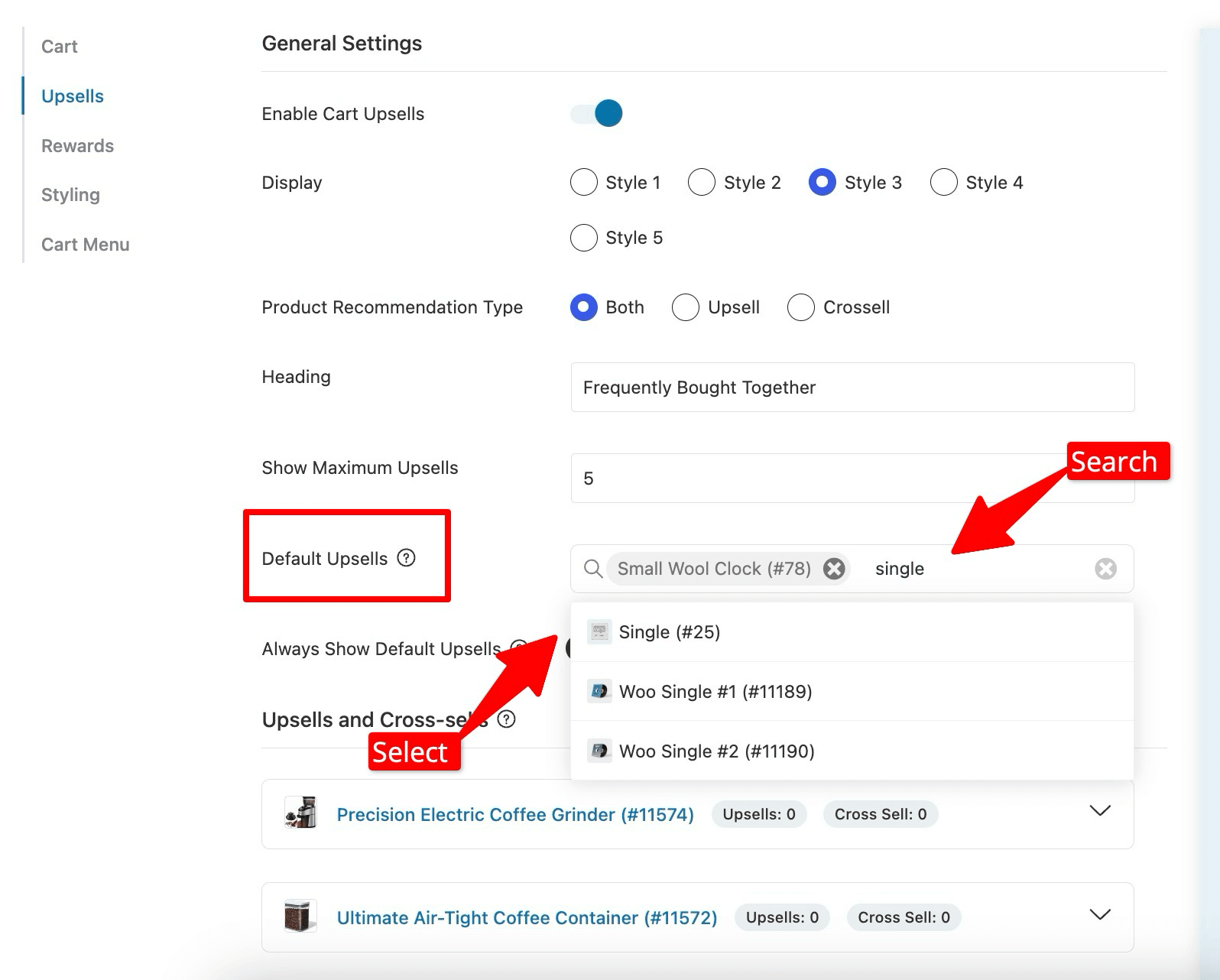 search and add default upsell