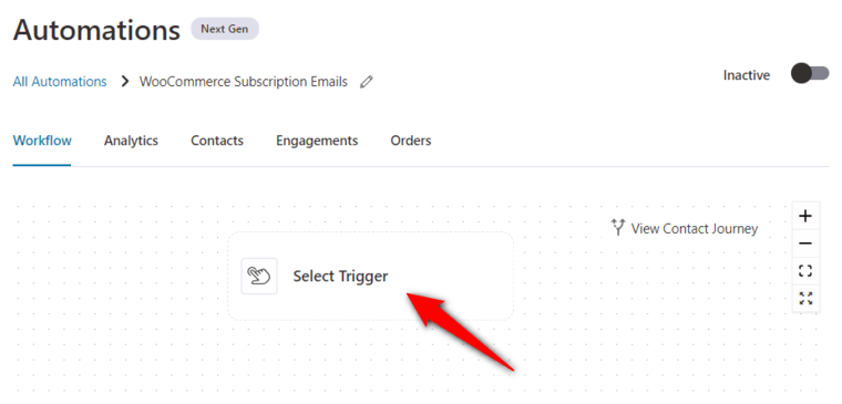 Click on select trigger to specify the event for the woocommerce subscriptions email automation