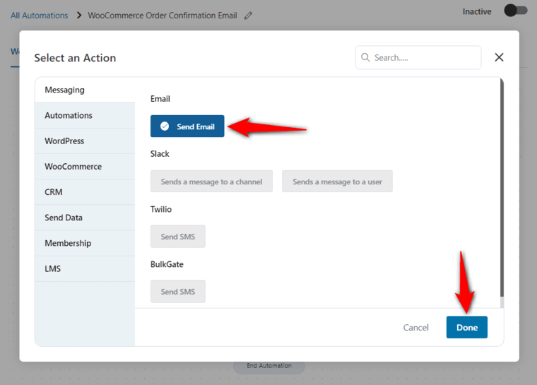 Specify the send email action under the messaging section