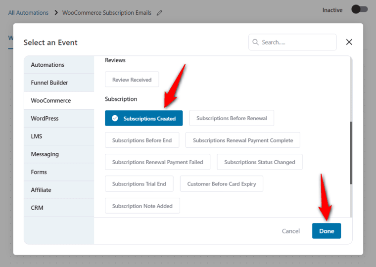 Add the subscriptions created event under woocommerce subscriptions section
