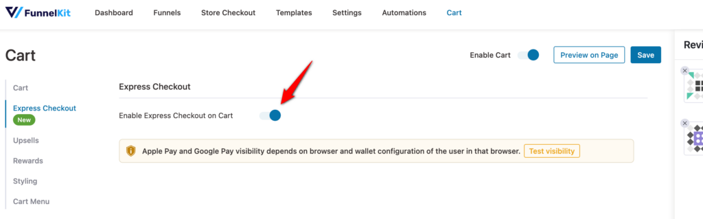 Toggle on the express checkout on woocommerce cart