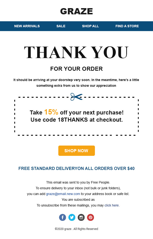 WooCommerce post-purchase email example from Graze offering 15% discount off on the next purchase
