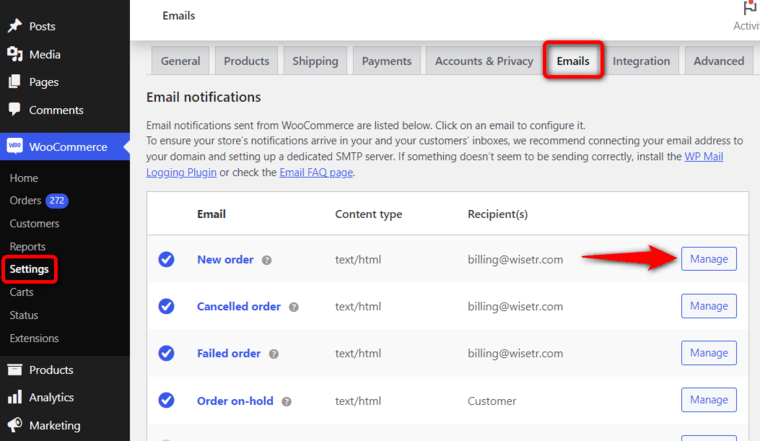 Manage new order email notifications