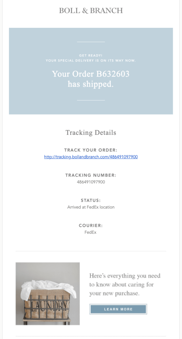 WooCommerce shipment tracking email example from Boll & Branch