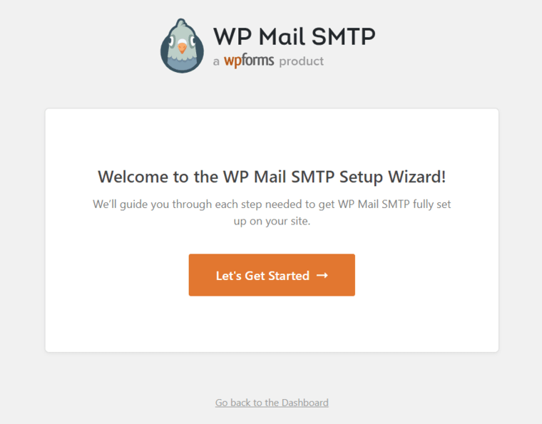 Click on lets get started to start activating wp mail smtp plugin on wordpress website