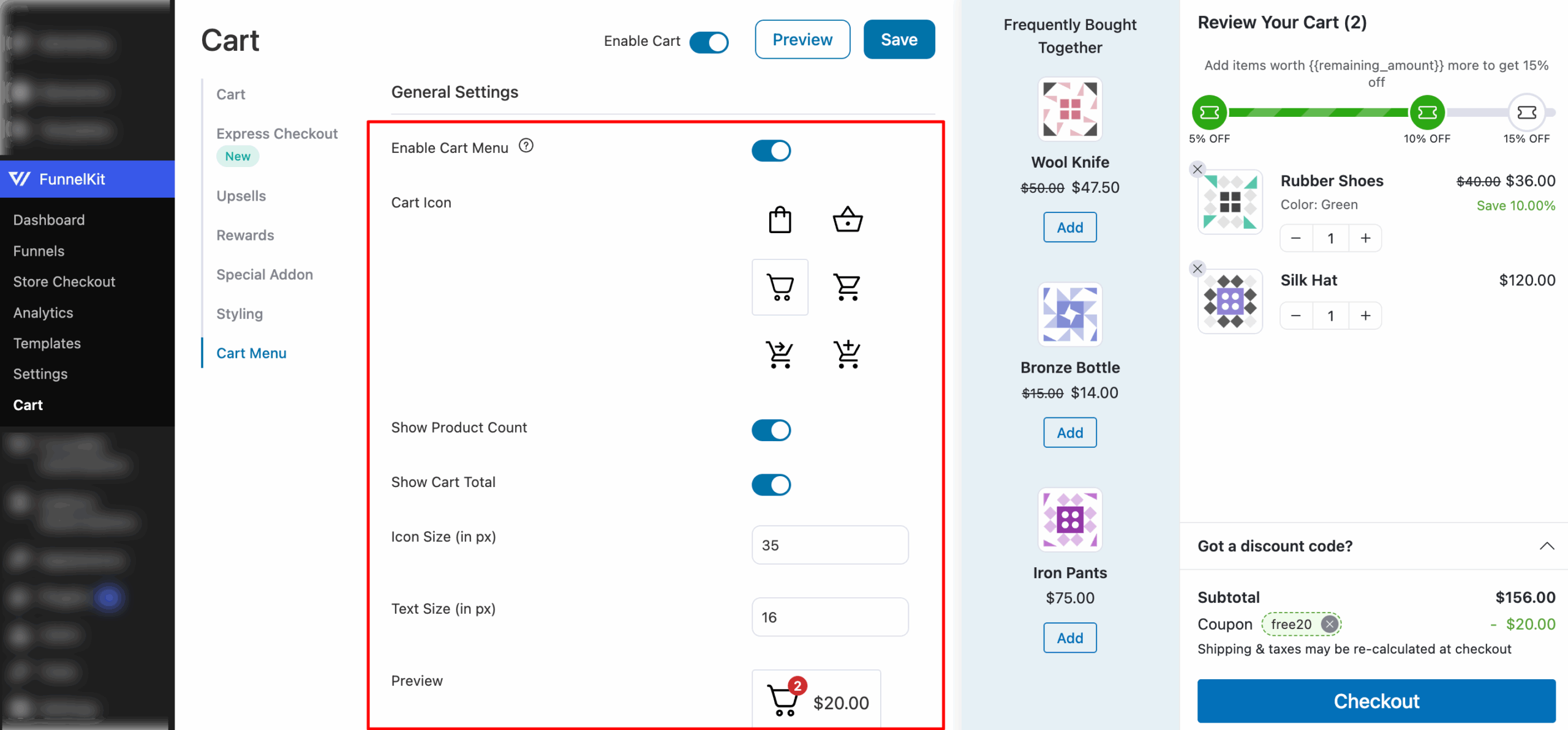 Cart menu general settings