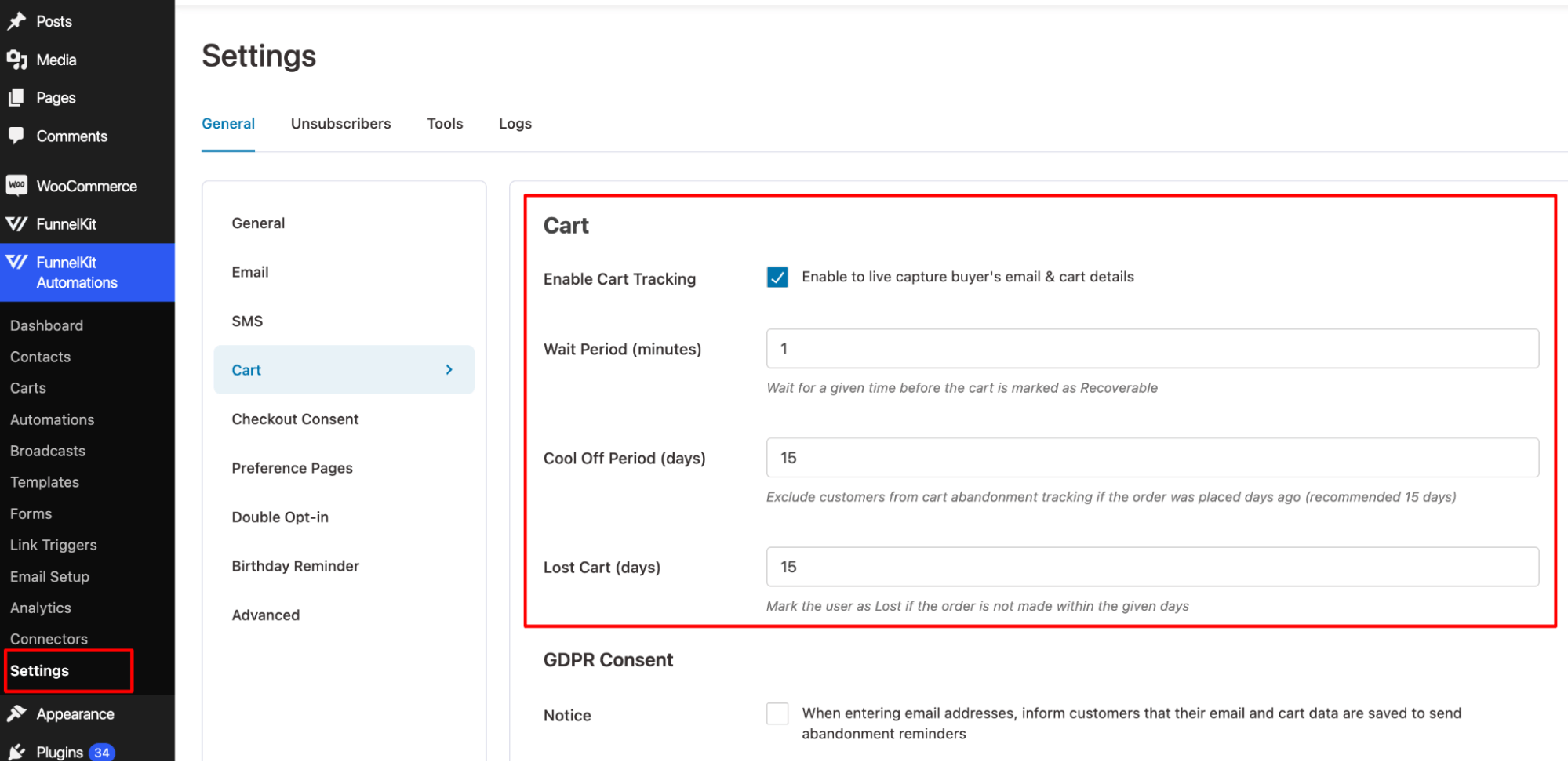 WooCommerce abandoend cart tracking settings