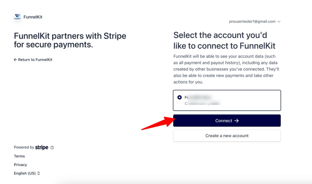 click on connect to connect to stripe