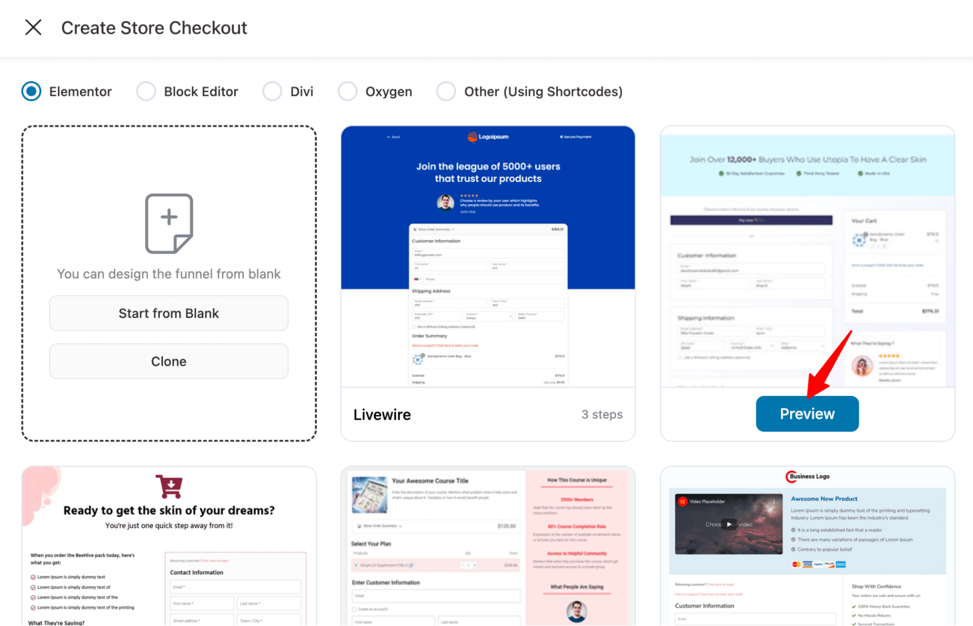 click on store checkout template preview