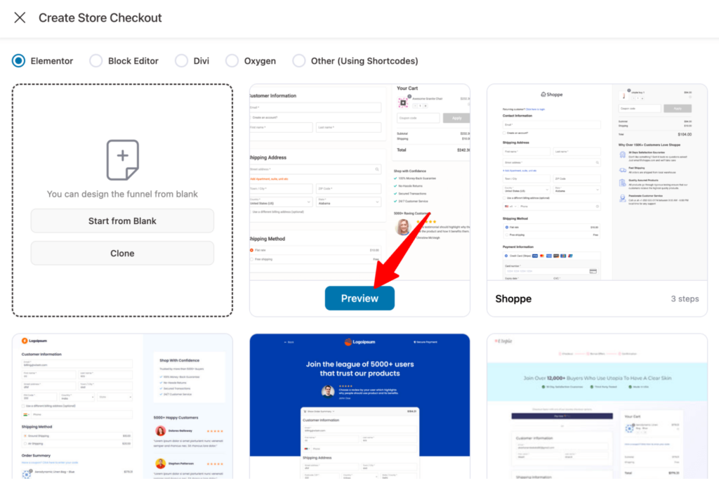 click preview to create woocommerce sales funnel