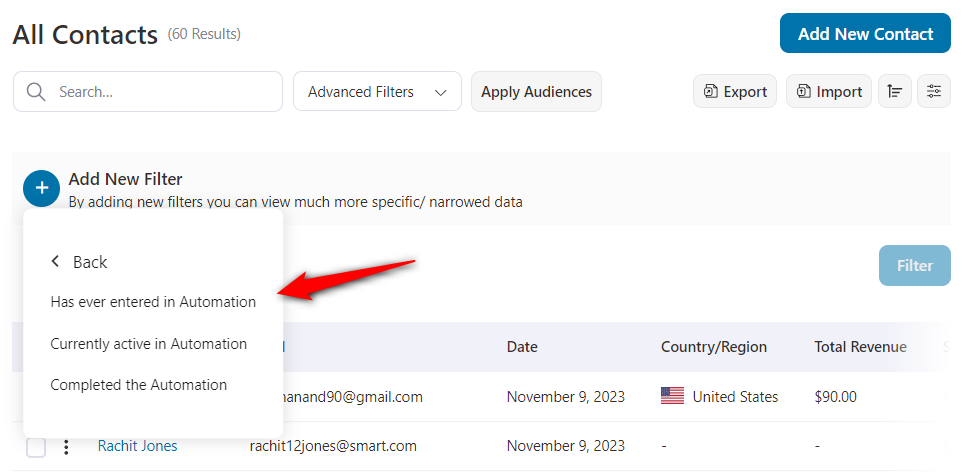 Filter contacts by Automation in FunnelKit Automations