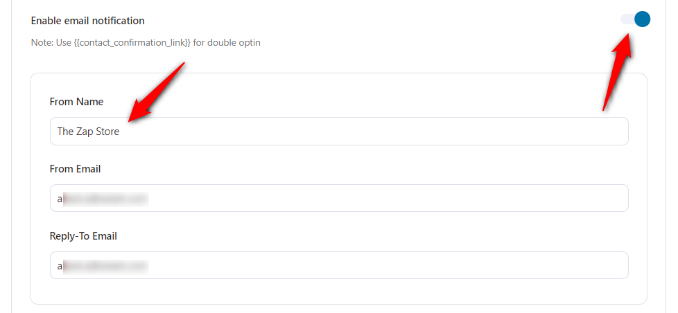 Enable email lead notification - enter the sender name, from email and reply to email