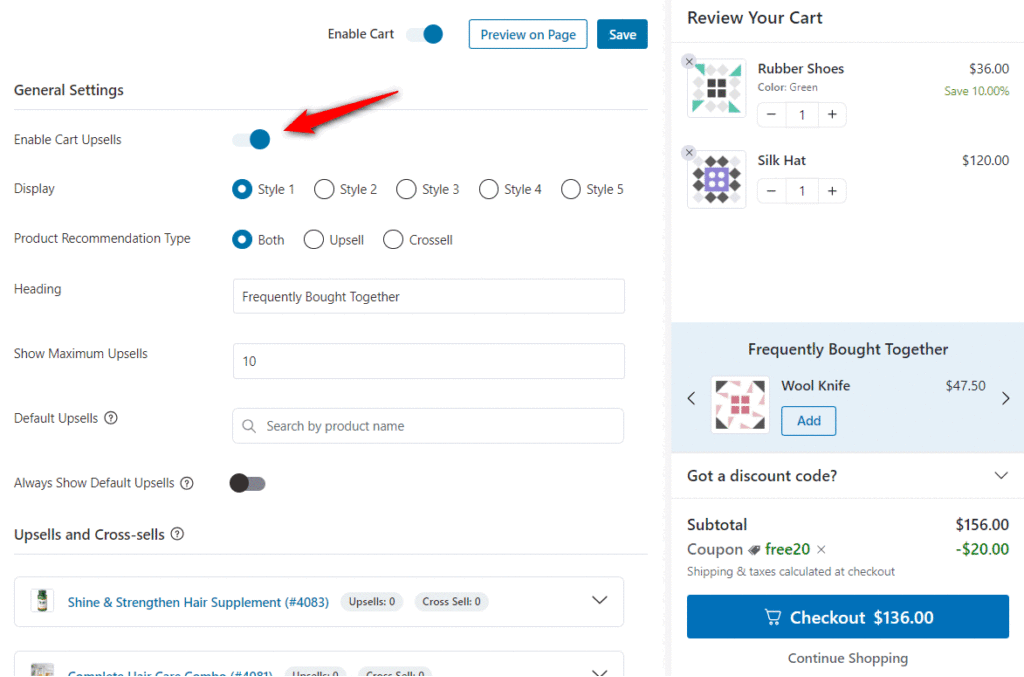 Enable and disable cart upsells