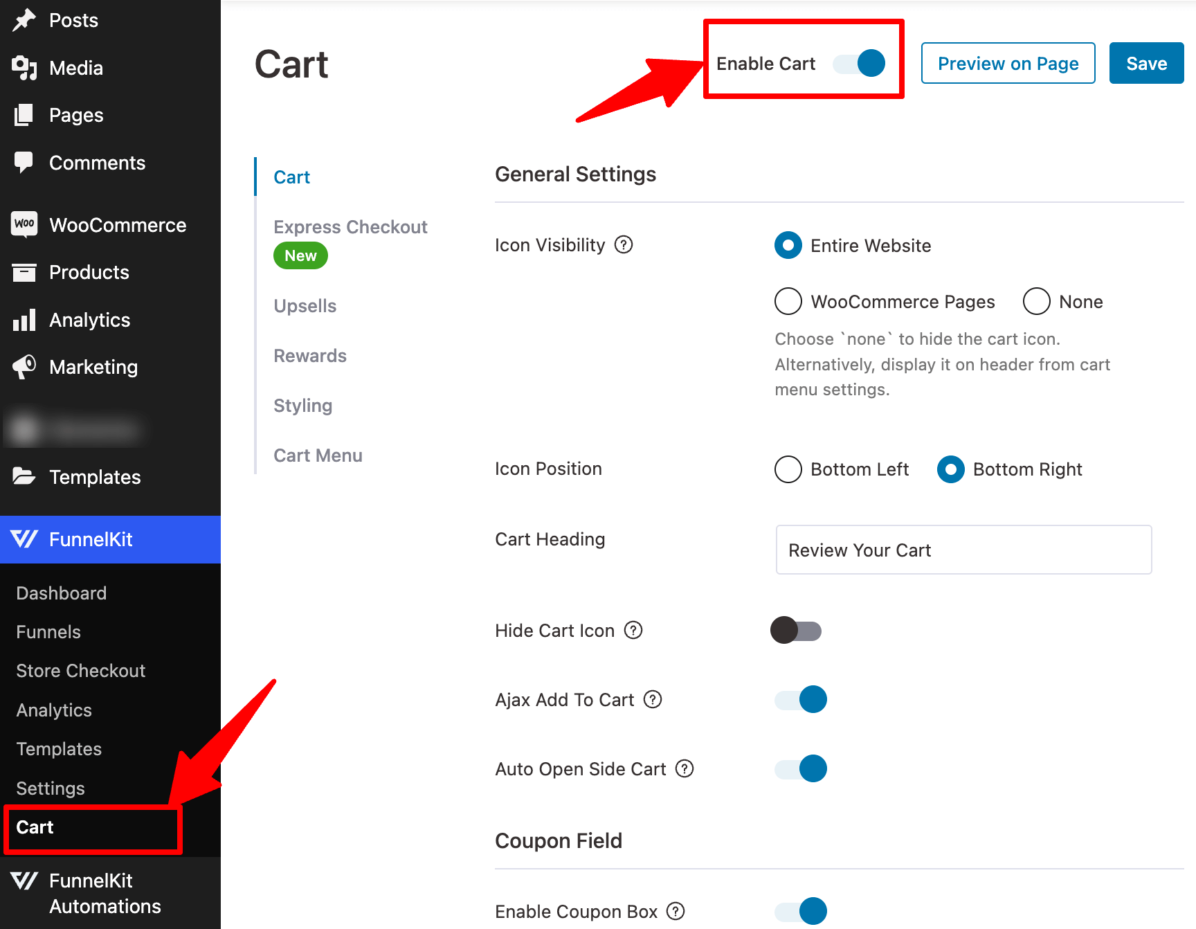 enable funnelkit cart
