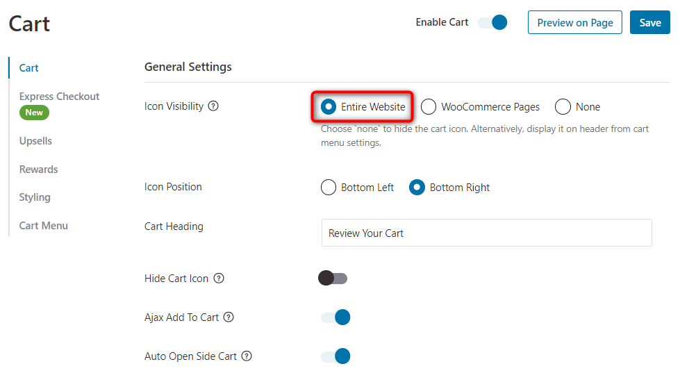 FunnelKit Cart icon visibility settings