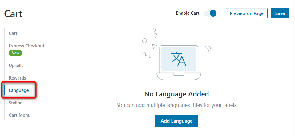 Language section in FunnelKit Cart
