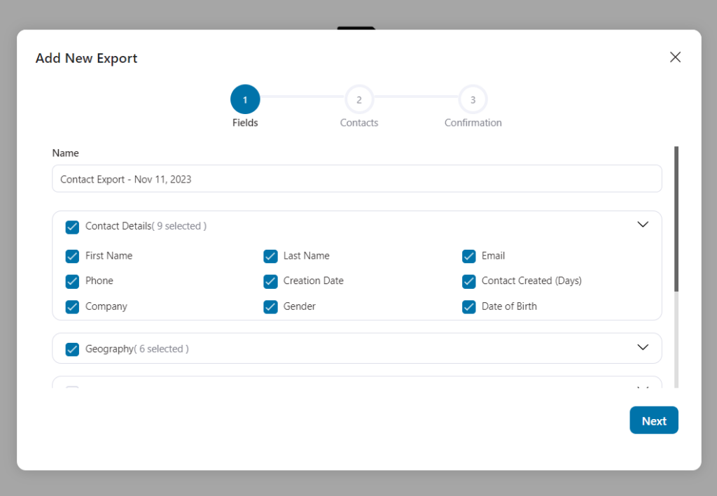 Select specific contact fields to export