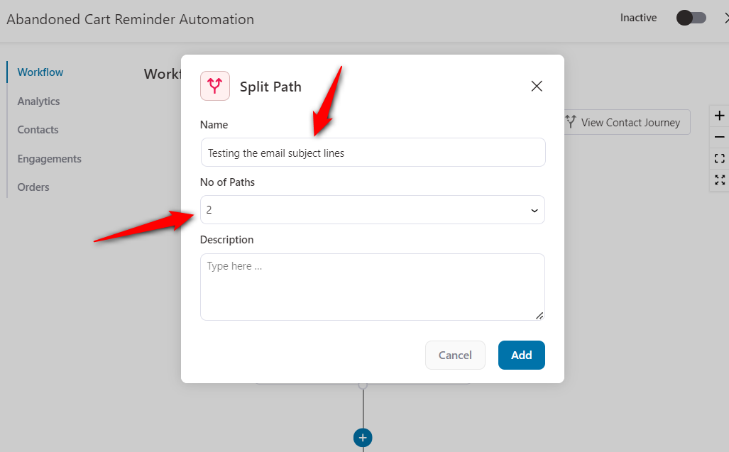 Enter the name of split path and number of paths you want to create in your automation
