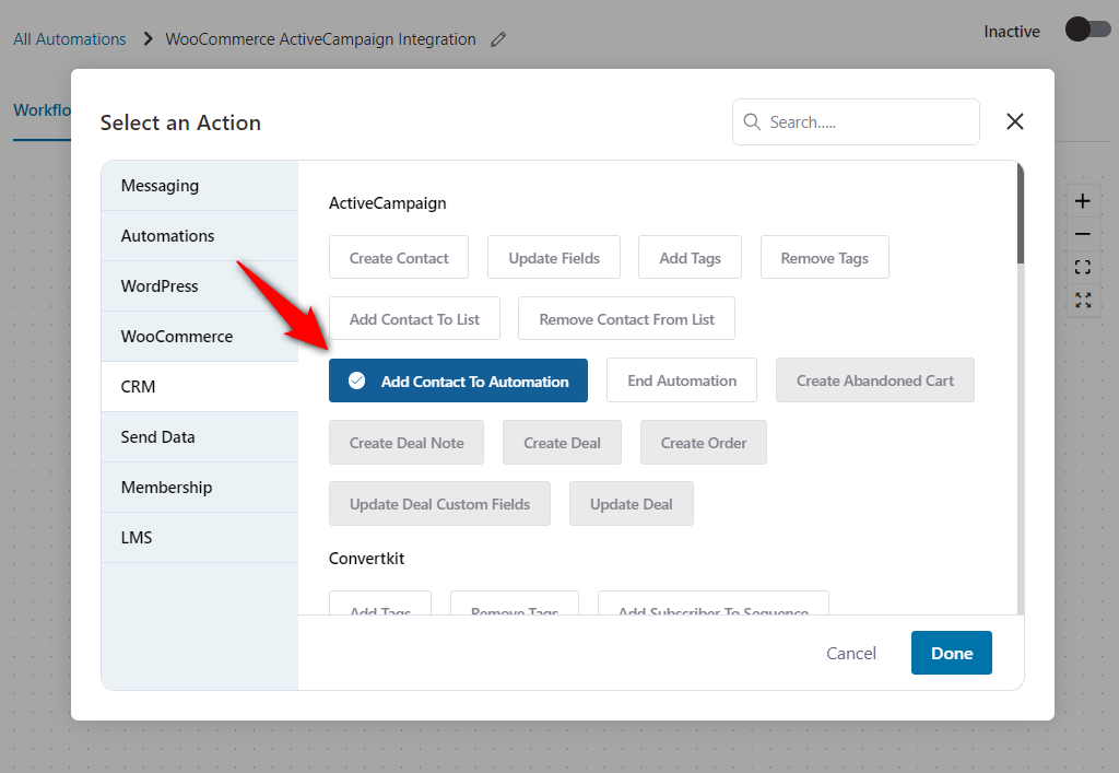 select the add contact to automation action